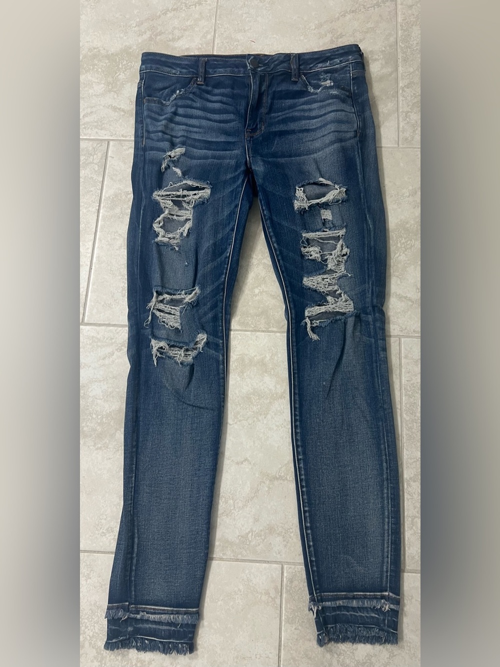 American Eagle Outfitters Dark Blue Ripped Skinny Jeggings-xlong